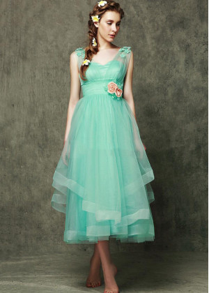 Mint Tulle Straps Corset Back Ankle Length Prom Dress